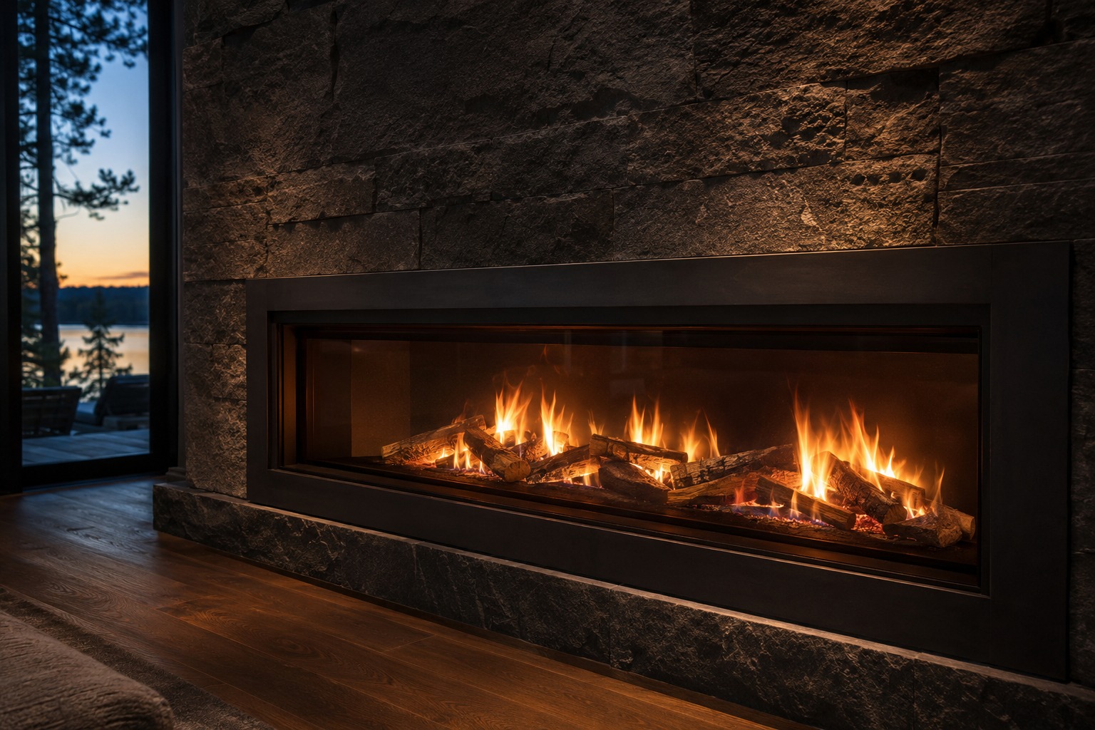 Custom fireplace set into charcoal stone