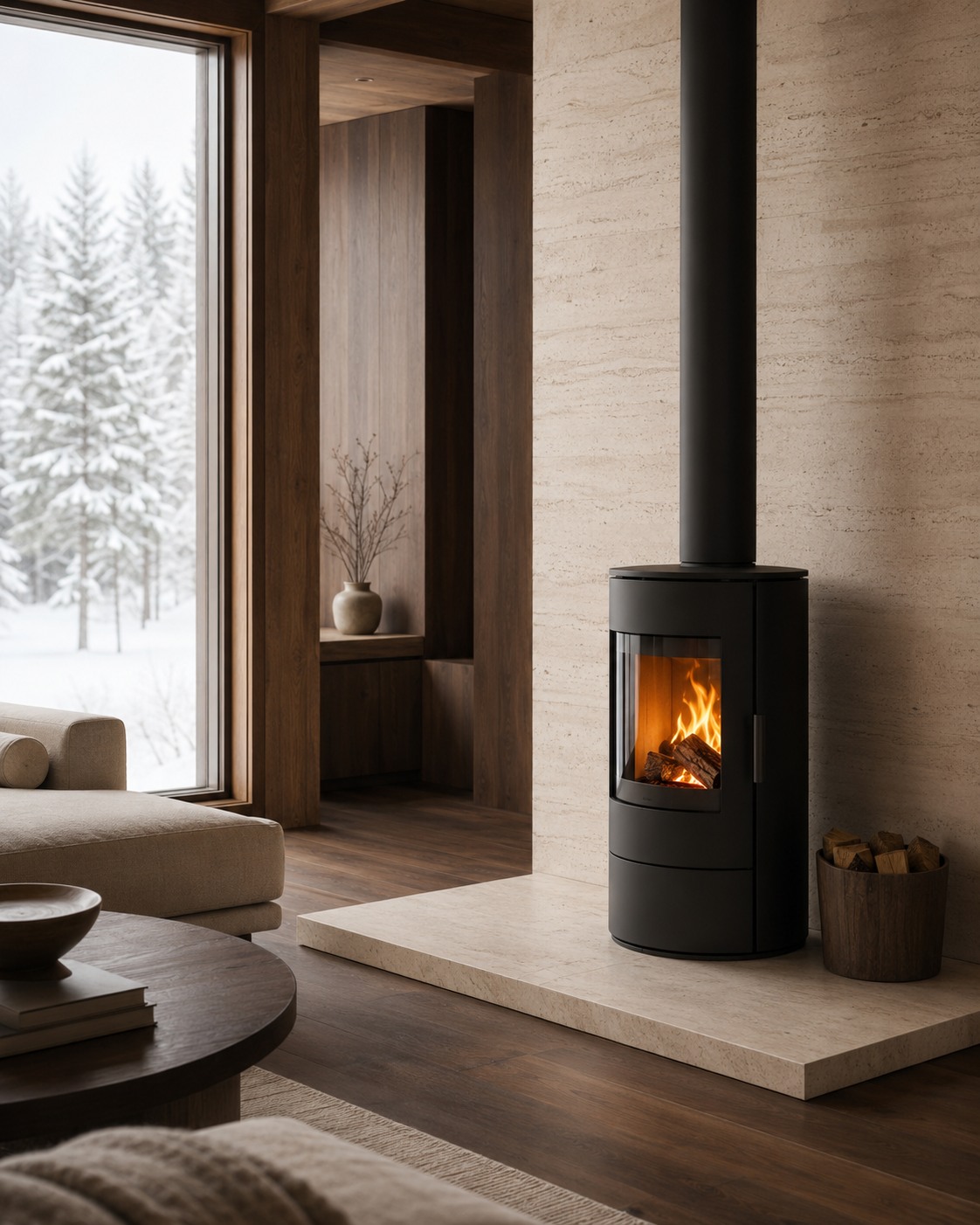 Matte-black wood stove in a refined Canadian interior